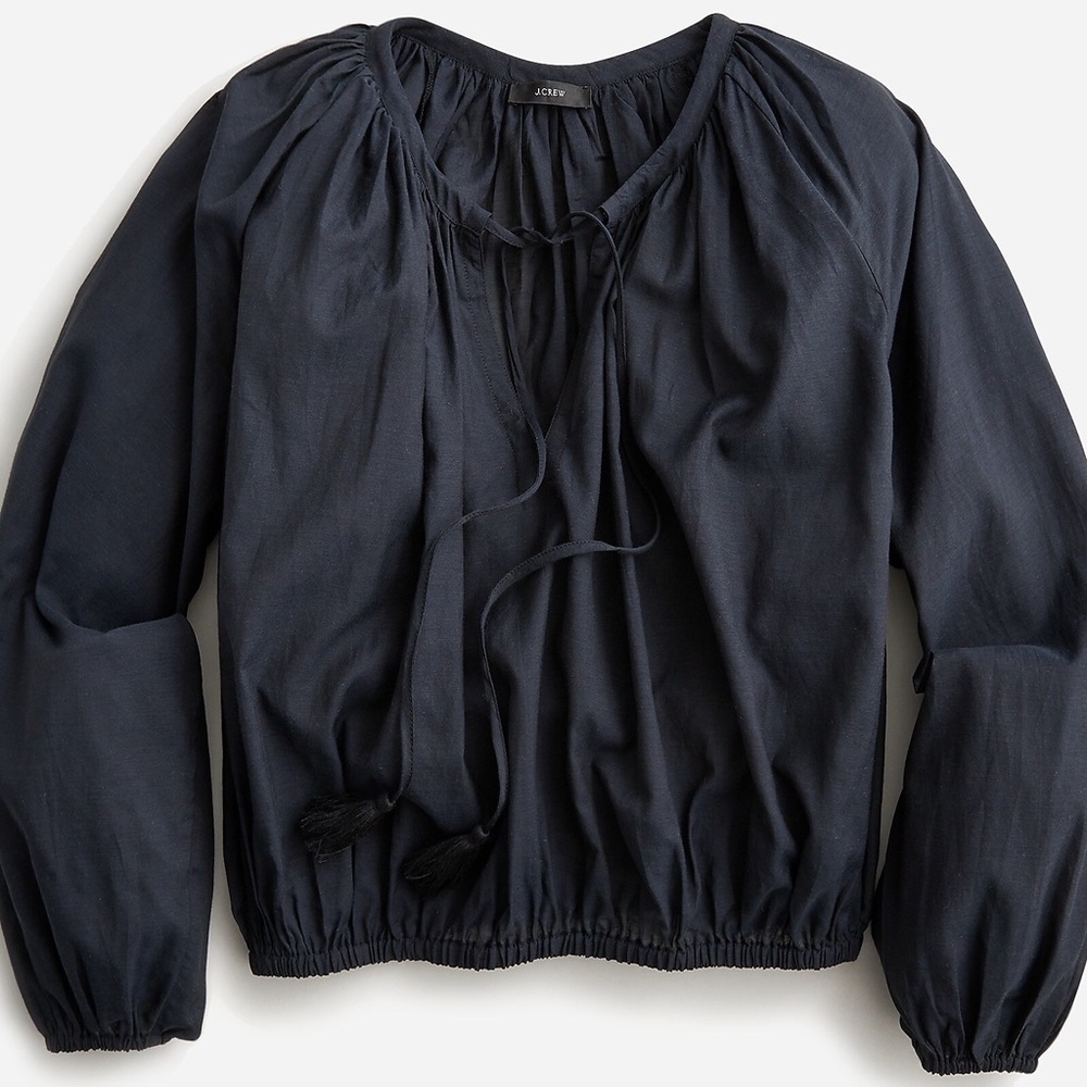 J. Crew Black Tassel Tie-front Gauzy Peasant Long Sleeve Crop Top (Size M)